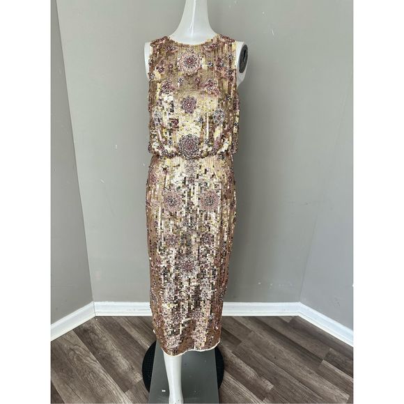 MAC DUGGAL HAND BEADED HIGH NECK MIDI DRESS - Picture 5 of 11